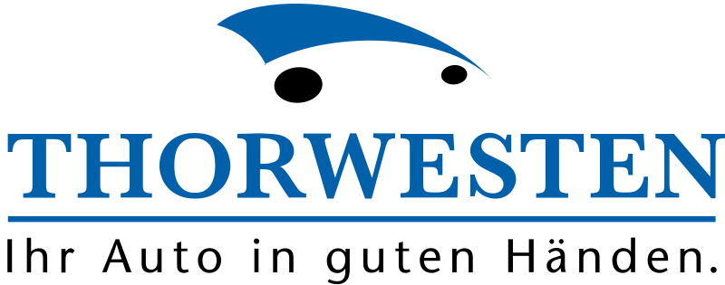 Autohaus Thorwesten Logo, blauer Schriftzug mit Fahrzeugsilhouette und Slogan Ihr Auto in guten Händen